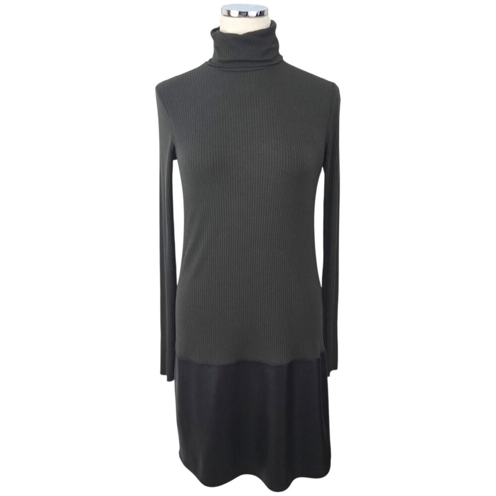 Bailey 44 Hunter Green Ribbed Turtleneck Shirt Dress Small Faux Leather Hem